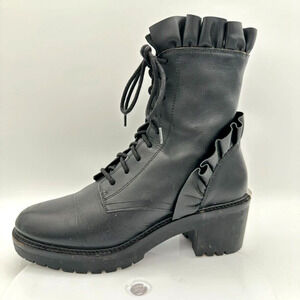 Michael Kors Bella Boots Womens 6M 3D Ruffle Black Leather Lace-Up‎ Lug Sole Y2K